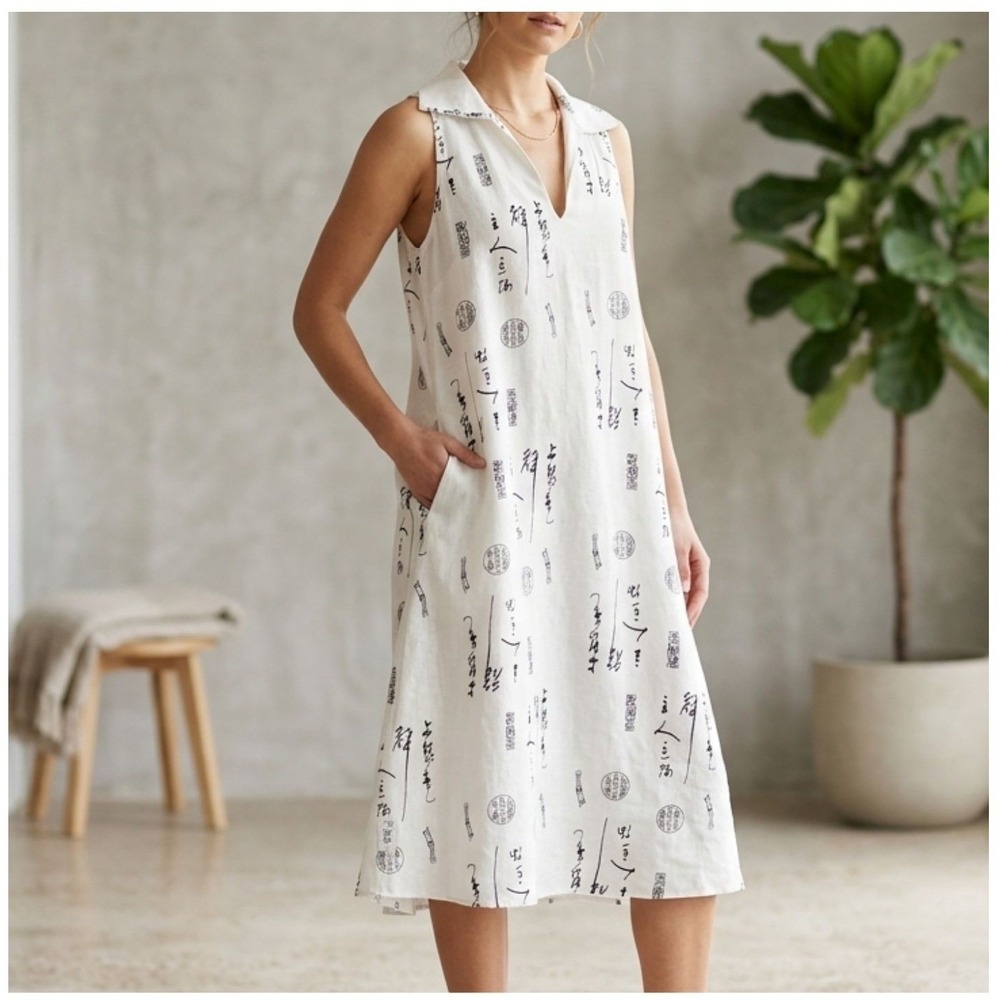 Courtney Washington Womens Linen Shift Dress S White Script Lagenlook Japanese